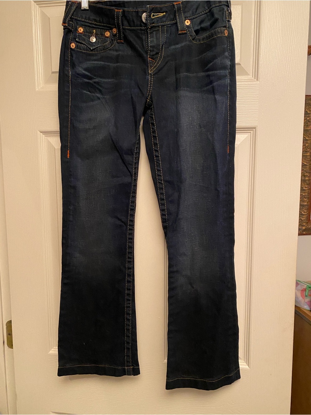 True Religion Dark Blue Bootcut Jeans with Yellow Stitching
